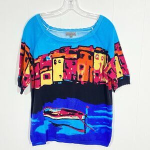 JOSEPH A. Pullover BOAT SCENE Boatneck XL Rayon Lightweight Sweater COLORFUL
